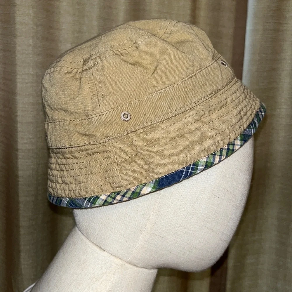 Toddler Boys Reversible Bucket Hat Khaki and Blue Green White Tan Plaid